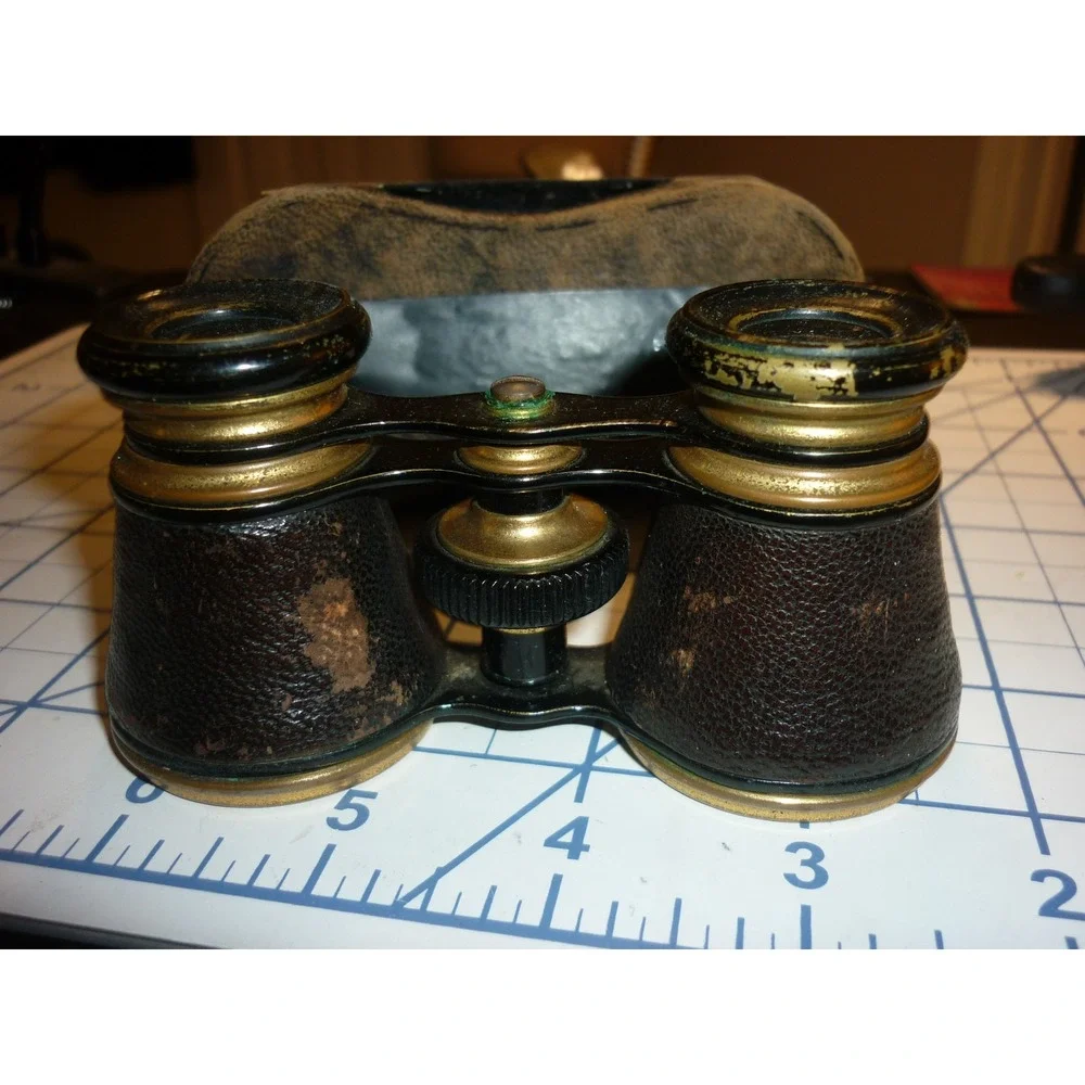 Antique Brass Leather Opera Glasses Victorian Theater Binoculars Blue Satin Case